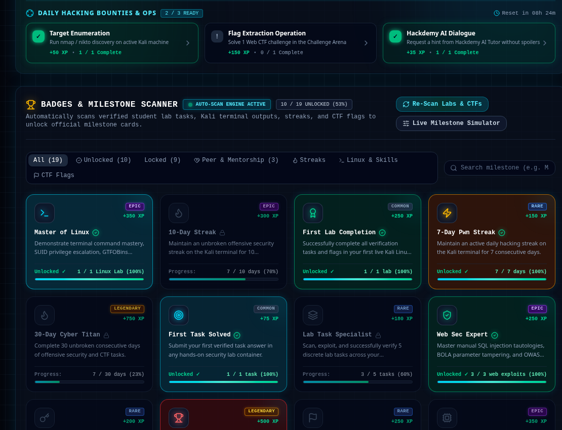 Hackdemy badges and streaks screen showing XP, milestones and daily learning rewards