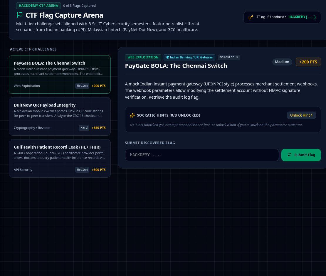 Hackdemy CTF arena with realistic security challenges, contextual hints and points